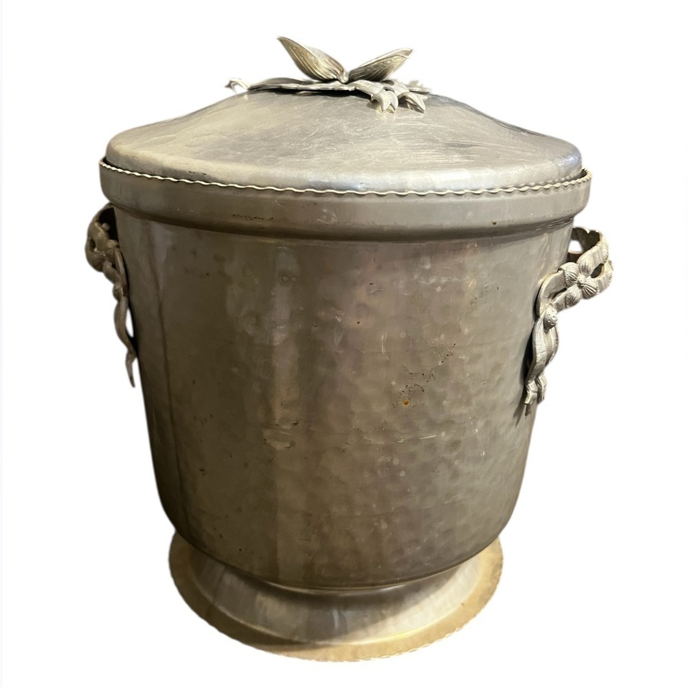 Vintage Hammered Aluminum Art Nouveau Ice Bucket Rose Bud Floral Trim Handles